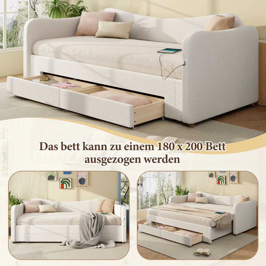 Divano letto con letto estraibile e cassetti, 90x200 cm, bouclé beige