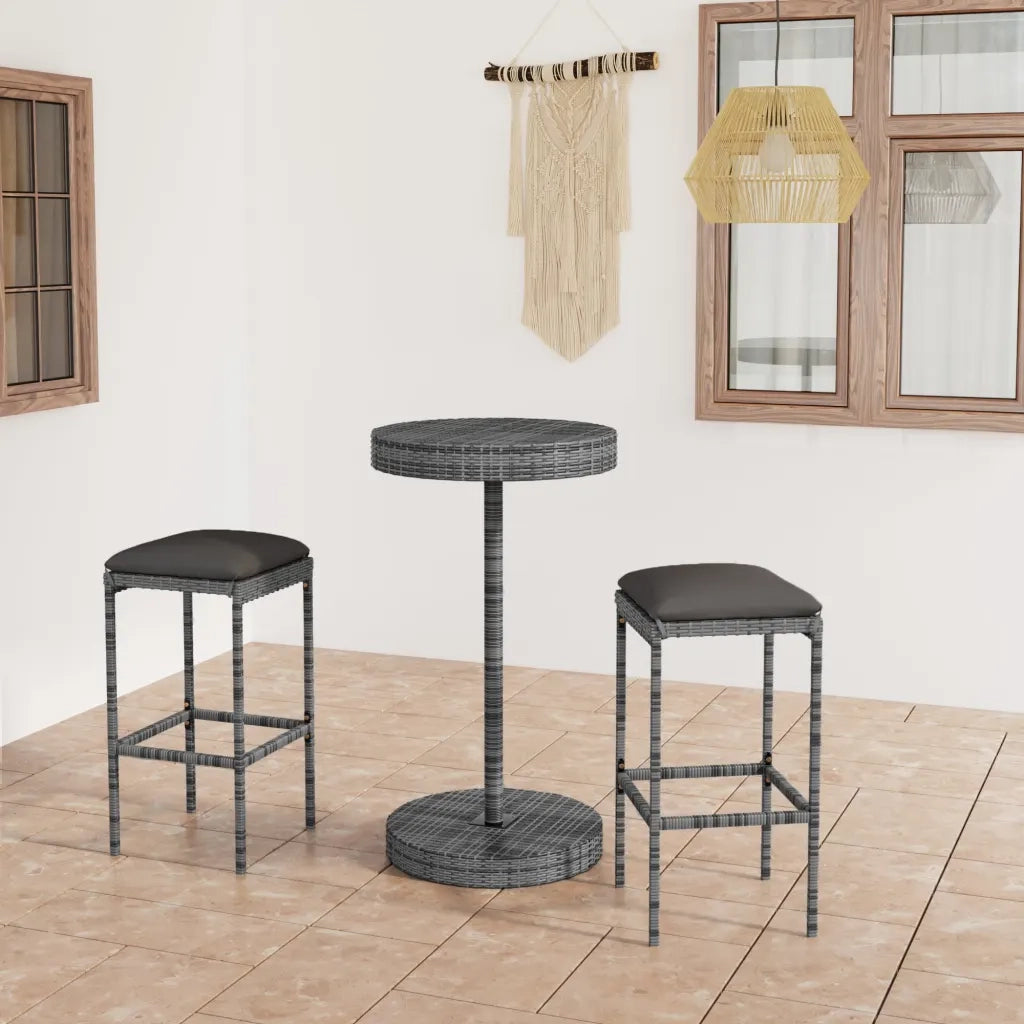 Set Bar da Giardino 3 pz | Set Salotto da Giardino con Cuscini in Polyrattan Grigio