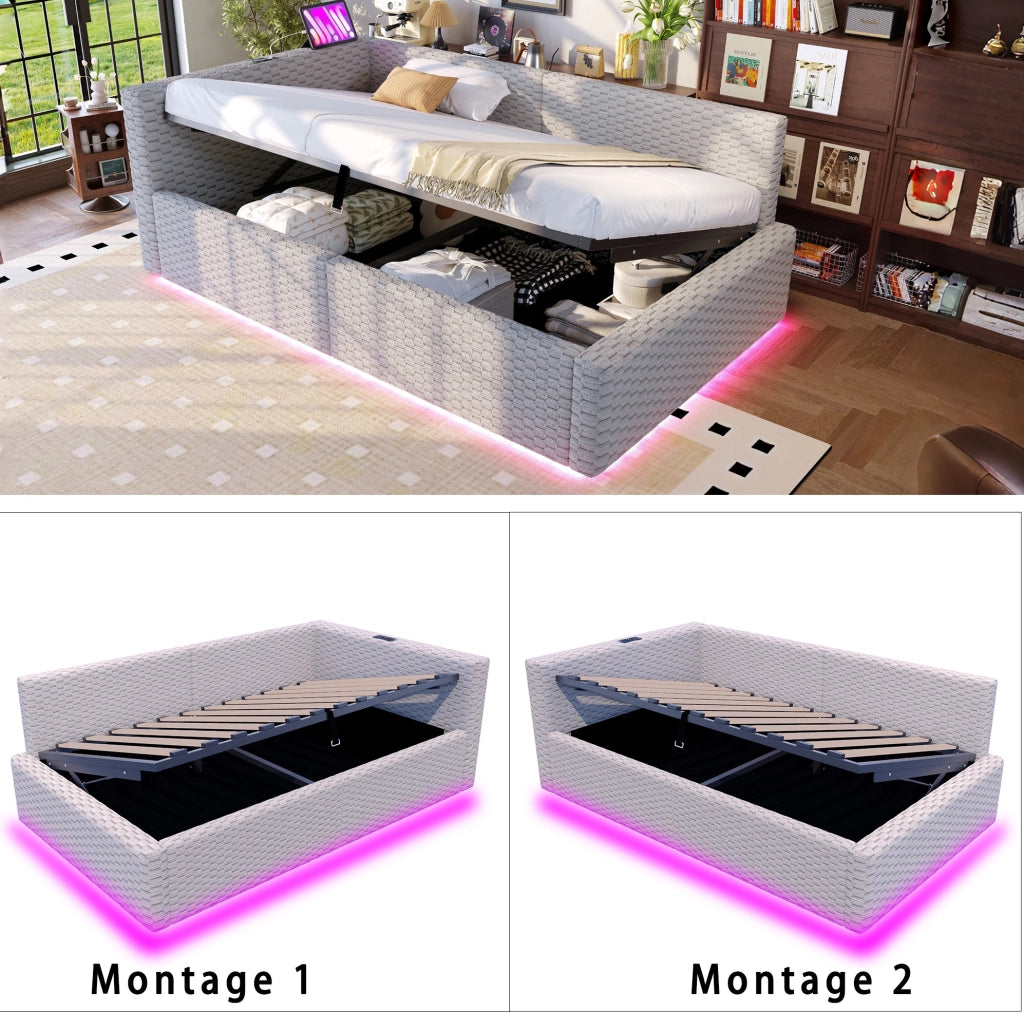Letto imbottito 90x200 cm con LED, USB-C e vano contenitore grigio