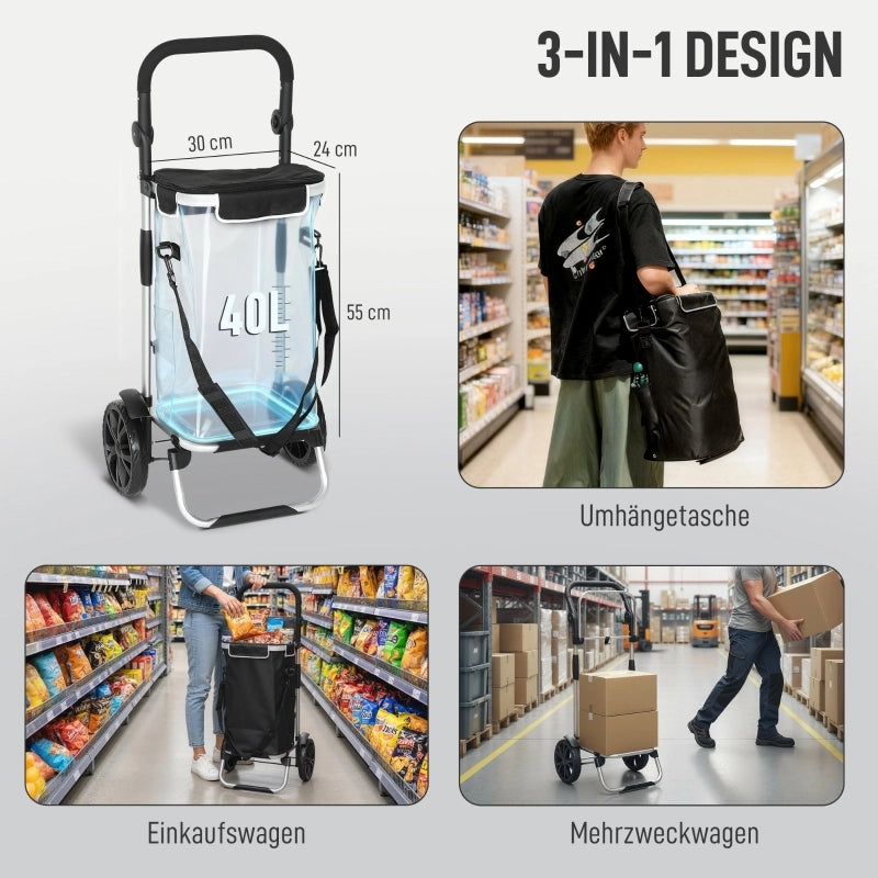 CARRELLO PORTASPESA 3 in 1 pieghevole 40 L Alluminio Nero