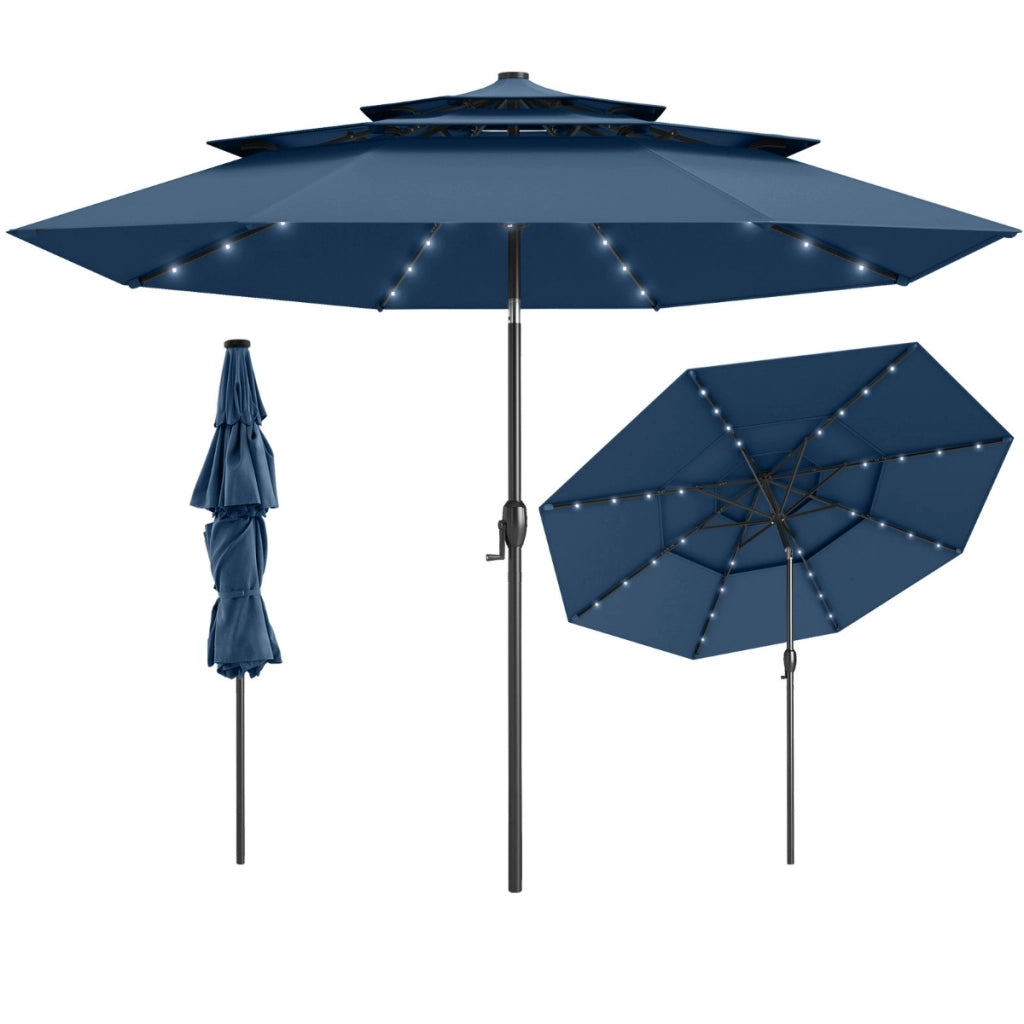 Ombrellone da patio solare 313 cm con tetto ventilato a 3 piani, Tenda parasole per tavolo da giardino Indaco-Ombrelloni