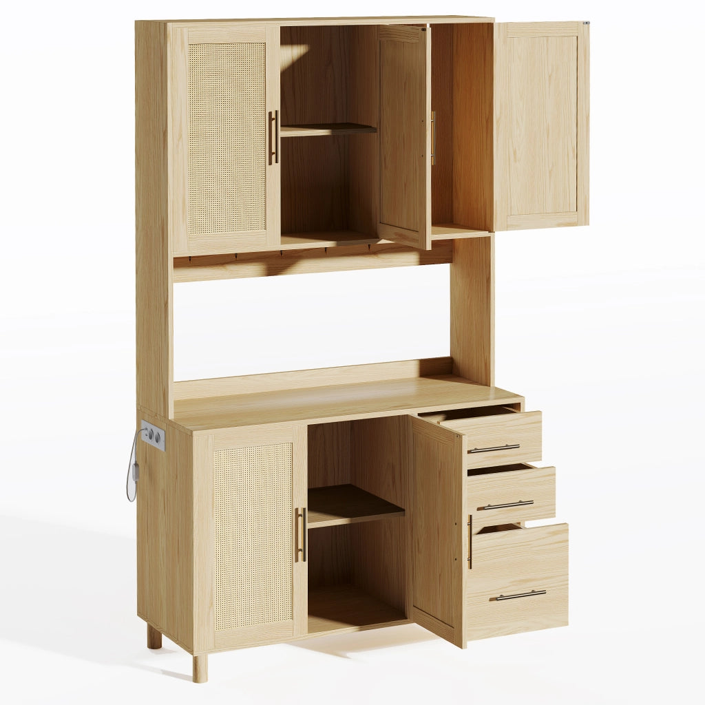 OKWISH Credenza da Cucina Alta con 5 Ante e 3 Cassetti, LED con Controllo tramite App, Prese e USB, Naturale