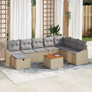 Set da Giardino 9 Pezzi con Cuscini in Rattan Poliestere Beige