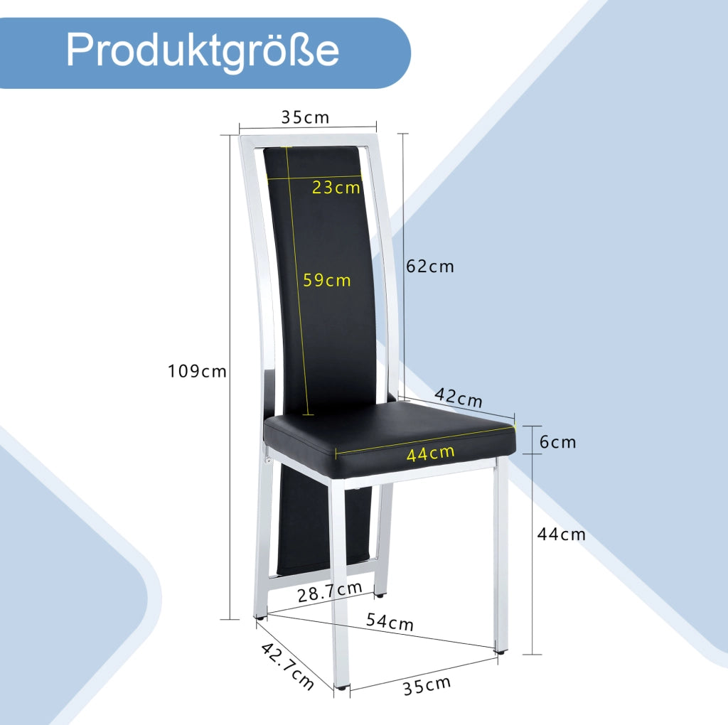 Set 4 sedie da pranzo moderne in PU nero con struttura in metallo argentato; 109 cm