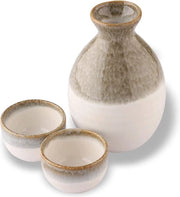 Set di sake in ceramica Mino Ware tradizionale giapponese, fiasca Tokkuri e 2 bicchieri Guinomi Ochoko, Beige Shark Bokashi,