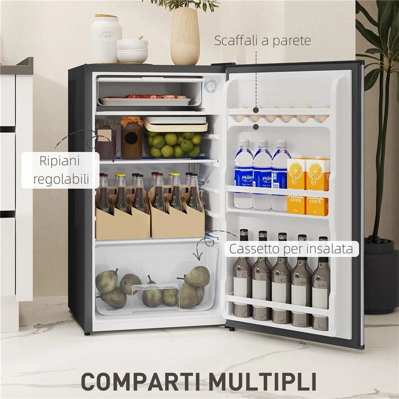 FRIGORIFERO PICCOLO DA 91L CON TERMOSTATO REGOLABILE RIPIANI REGOLABILI E CASSETTO 47.5X44.2X84 CM ARGENTO
