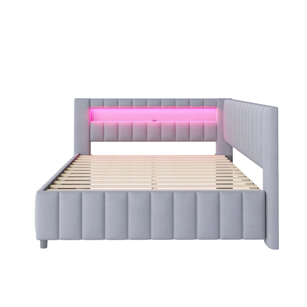 Divano letto 140x200 cm con LED e USB; velluto grigio (Senza materasso)