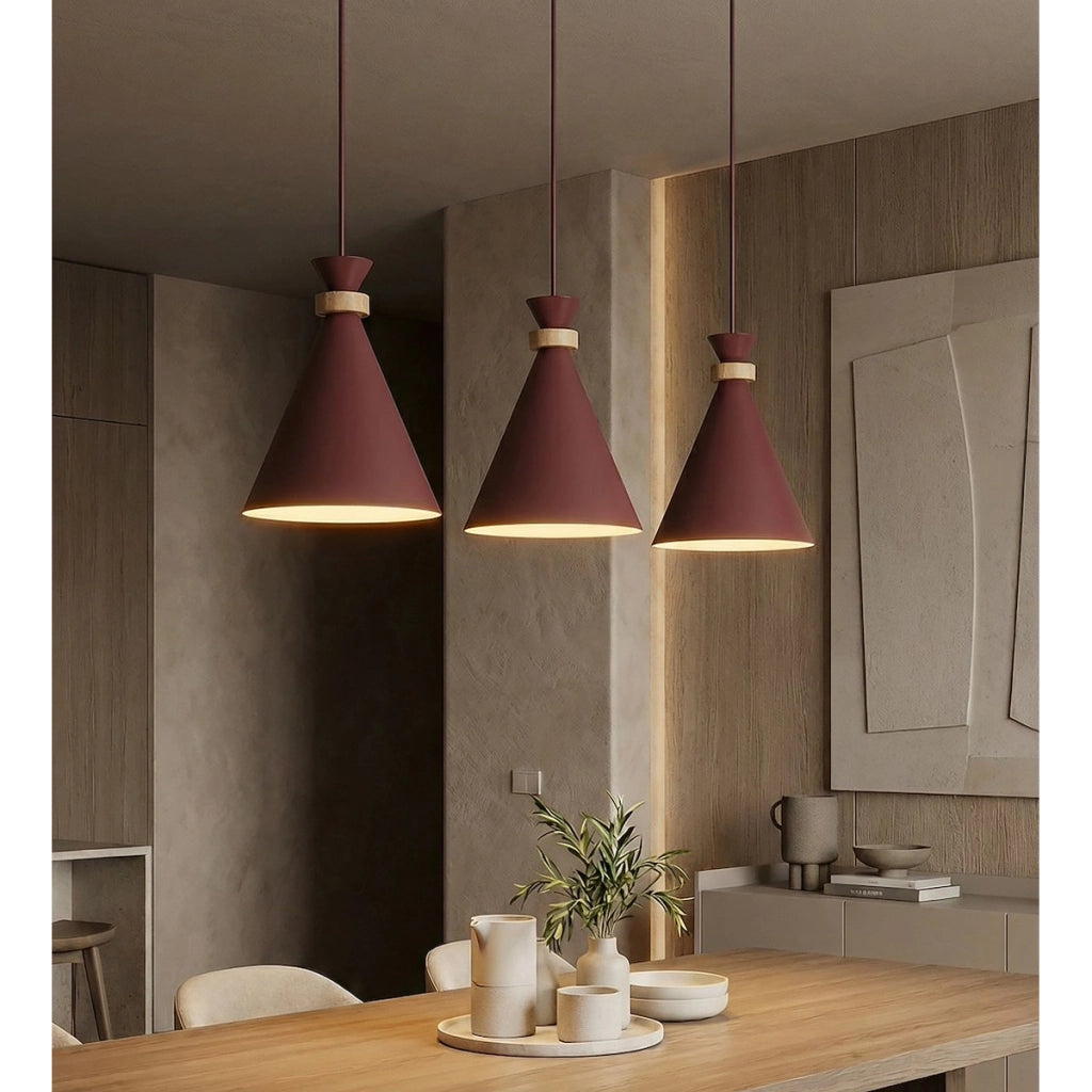 Lampada a sospensione Zero in acciaio bordeaux e legno