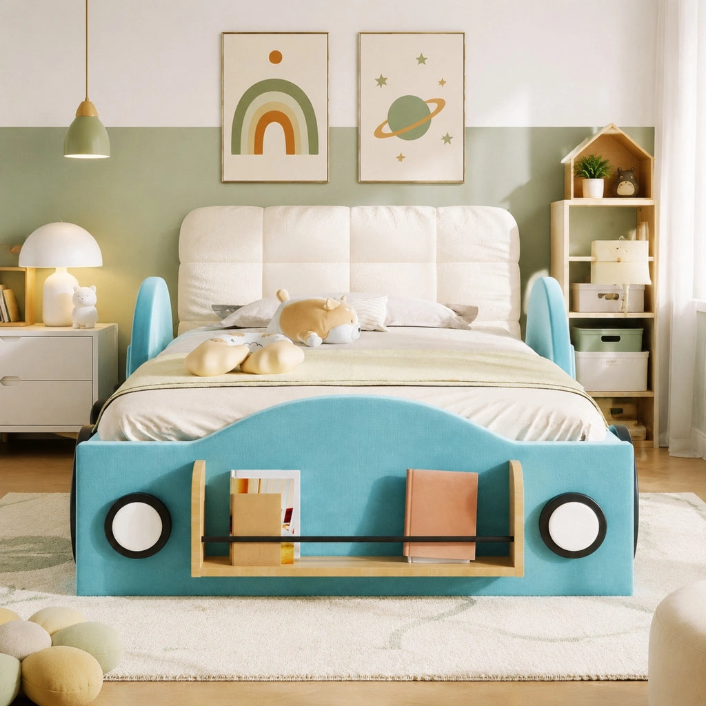 Letto imbottito 90x200 cm blu in flanella con contenitore idraulico e tasche laterali