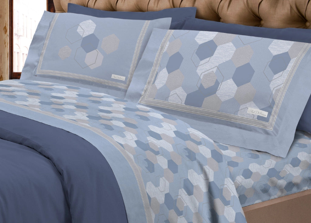 Completo Lenzuola Letto Calda Flanella 100% Cotone Disegno Bologna - Matrimoniale - Blu