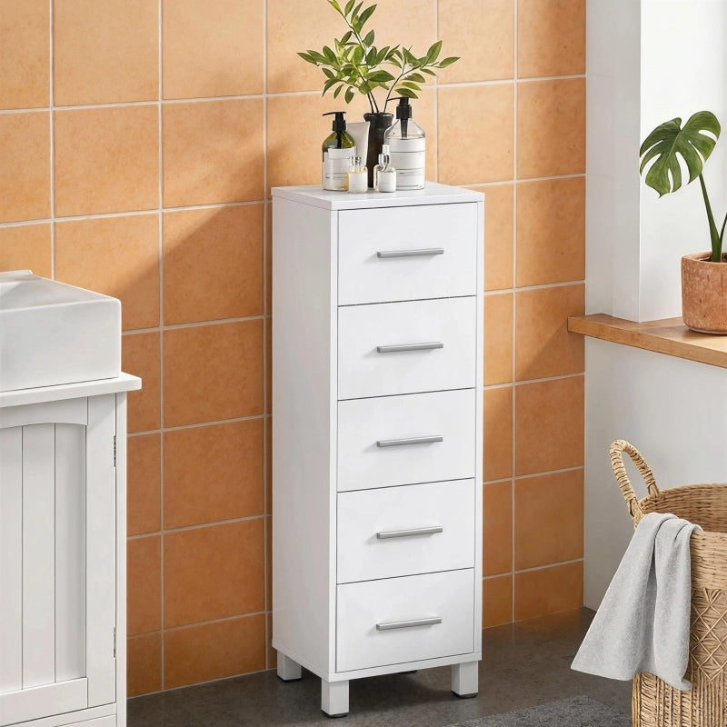 Mobiletto da bagno, mobiletto stretto con 5 cassetti, per bagno, 30 x 30 x 95 cm, bianco