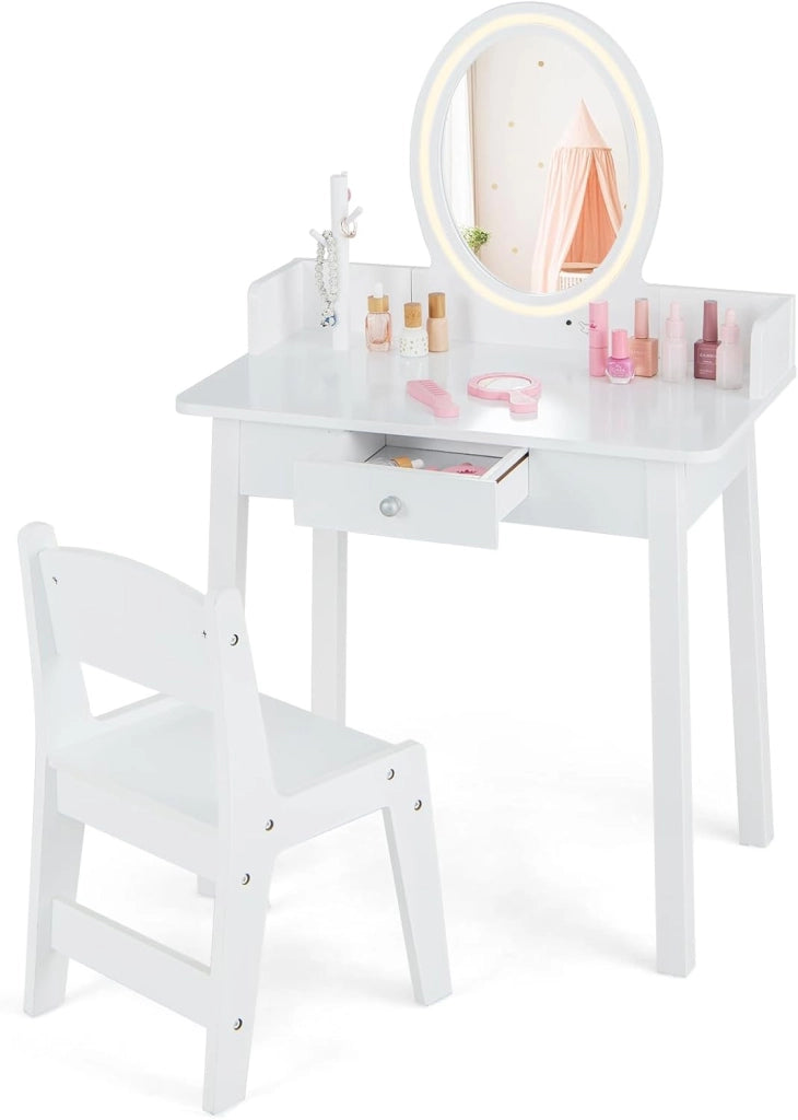 Set Toeletta per Bambini con Sgabello, Cassetti e Specchio Staccabile, Toeletta per Bambini in Legno, Con Luce Regolabile, Ideale per Bambini dai 3 ai 8 Anni, 60 x 35 x 96 cm