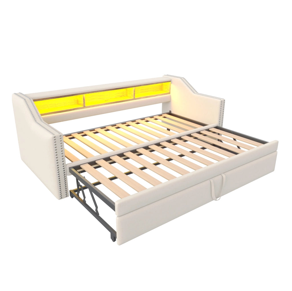 Divano letto 90x190 cm estraibile con vani portaoggetti e USB in tela di juta beige