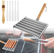 Griglia per Hot Dog in Acciaio Inox con Maniglia in Legno - Rotolo e Pennello per Skewer per BBQ - Capacità 5 Hot Dog - Cottura Uniforme - Dimensioni 24x18,5cm