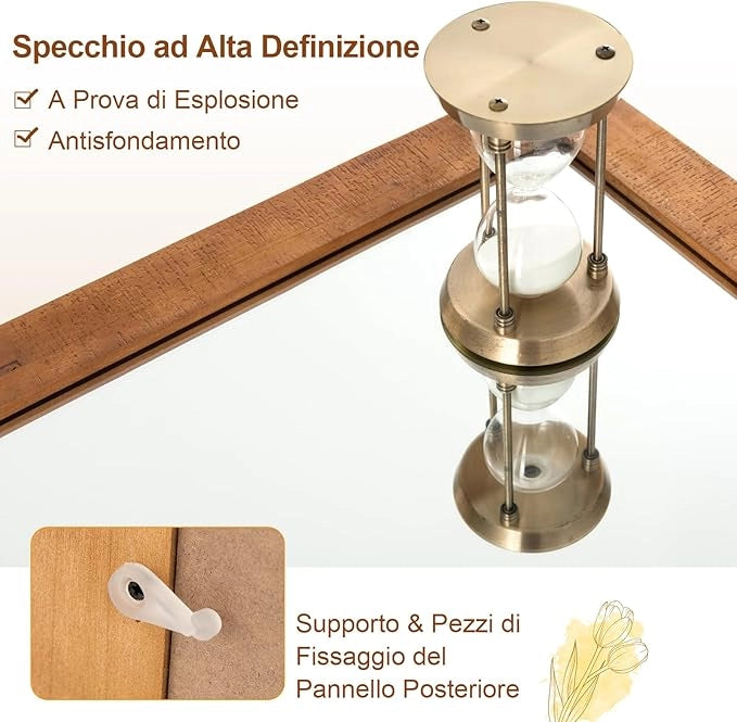 Specchio da Parete 100 x 66 cm, Specchio Rettangolare con Cornice in Legno Massiccio e Staffa in Metallo, Decorazione da Parete per Soggiorno Ingresso Bagno, Marrone (Marrone)