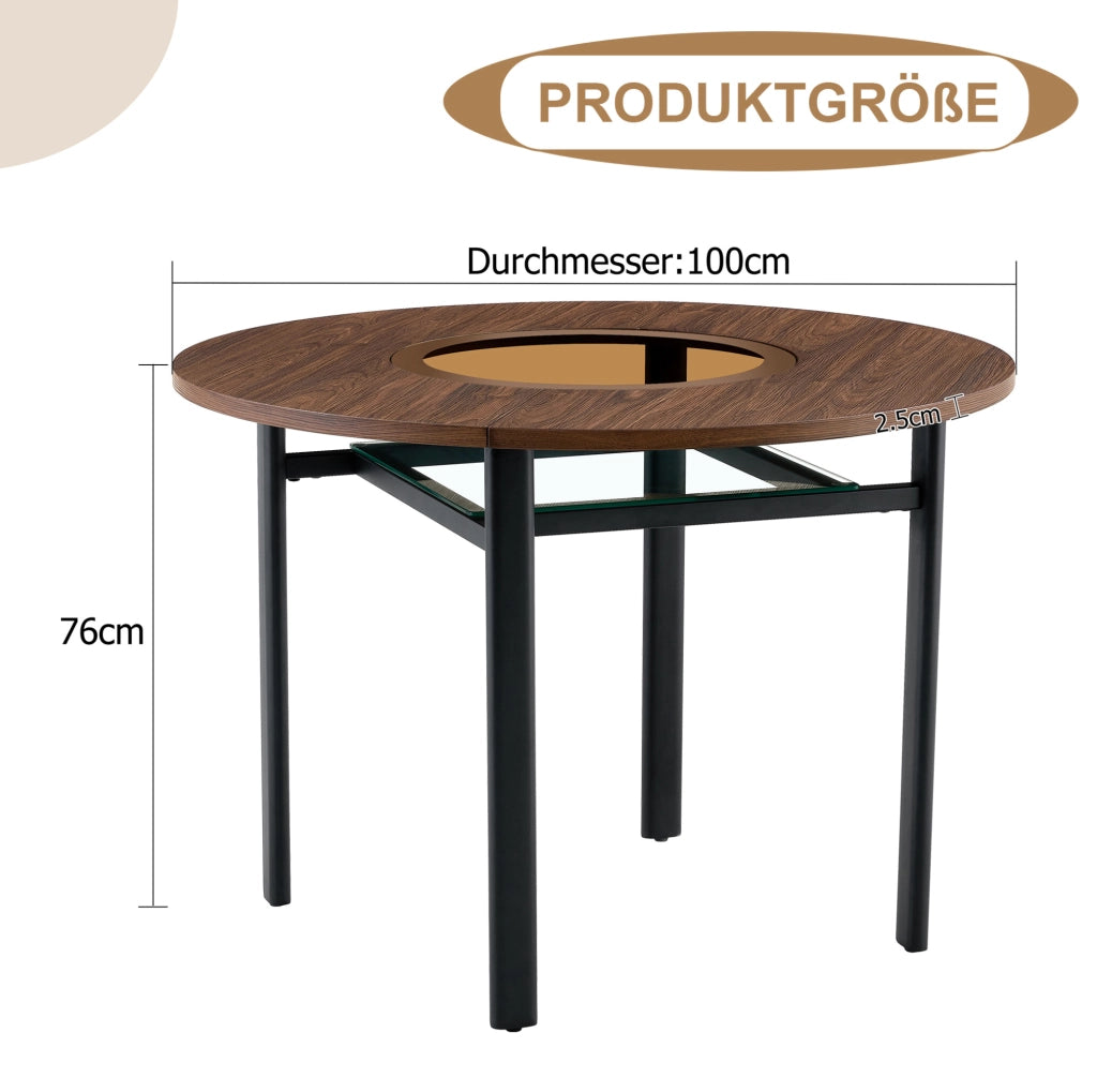 Tavolo da pranzo rotondo 100 cm in MDF marrone, vetro e metallo