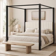 Letto a baldacchino imbottito 180x200 cm in velluto beige e nero con struttura in metallo