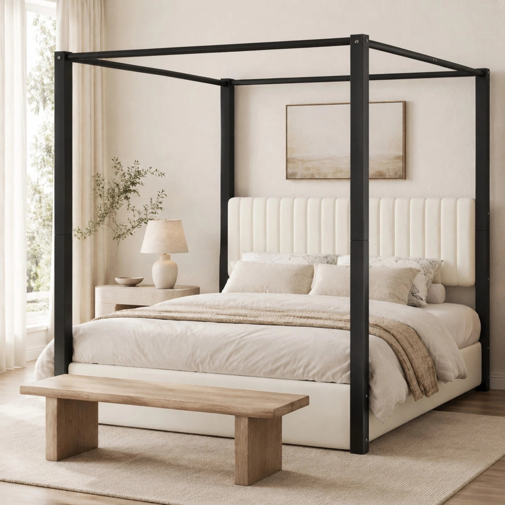 Letto a baldacchino imbottito 180x200 cm in velluto beige e nero con struttura in metallo