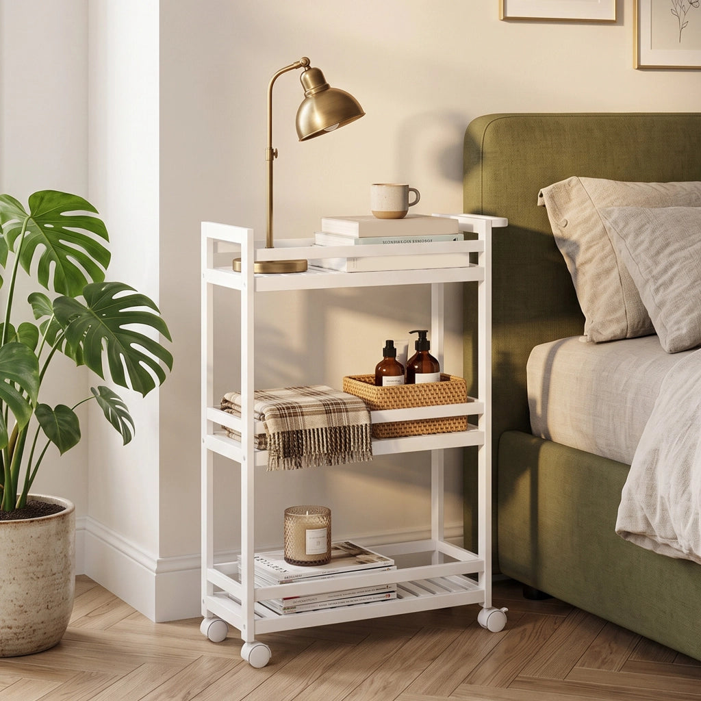 Carrello di servizio, 3 ripiani, ripiani a doghe, protezione anticaduta, bamb¨´, 55 x 20 x 75 cm
