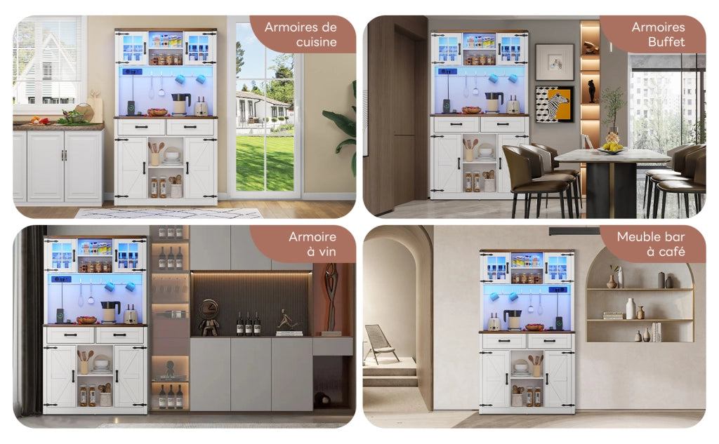 Credenza bar con LED e prese, mobile buffet con ante effetto fienile, ripiani regolabili, marrone e bianco