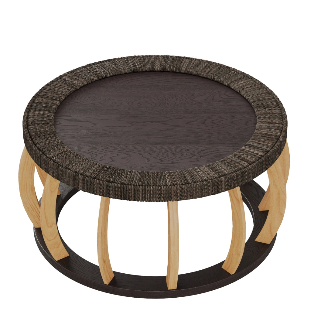 Tavolino basso rotondo in legno e MDF con gambe curve stile boho per soggiorno nero marrone 90 × 90 × 43 cm