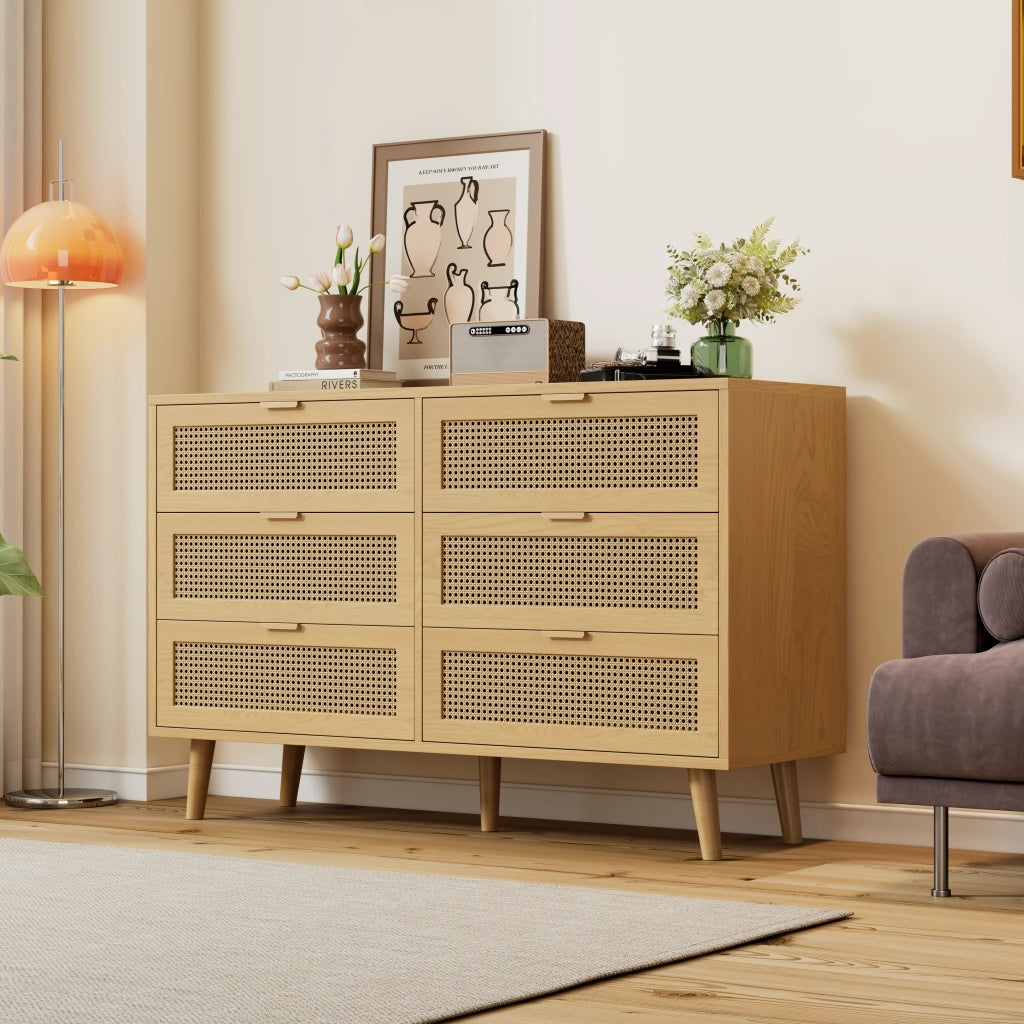 Com¨° con 6 cassetti in stile r¨¦tro, credenza in truciolare e legno massello, colore noce, 120x76,5x40 cm