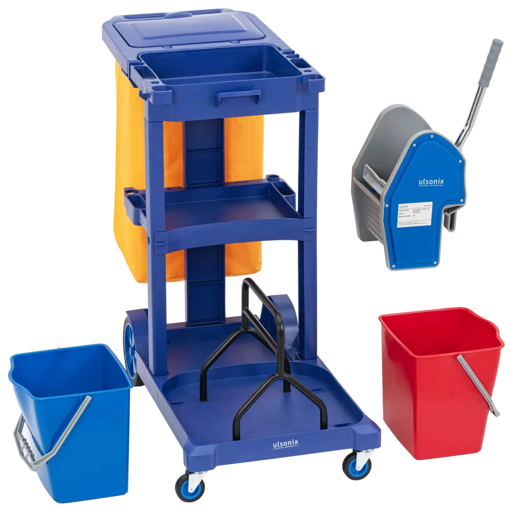 Carrello per la pulizia con 2 secchi con strizzatore e sacco per la biancheria 3 ripiani per un carico massimo di 200 kg blu PP PE 14_0008604