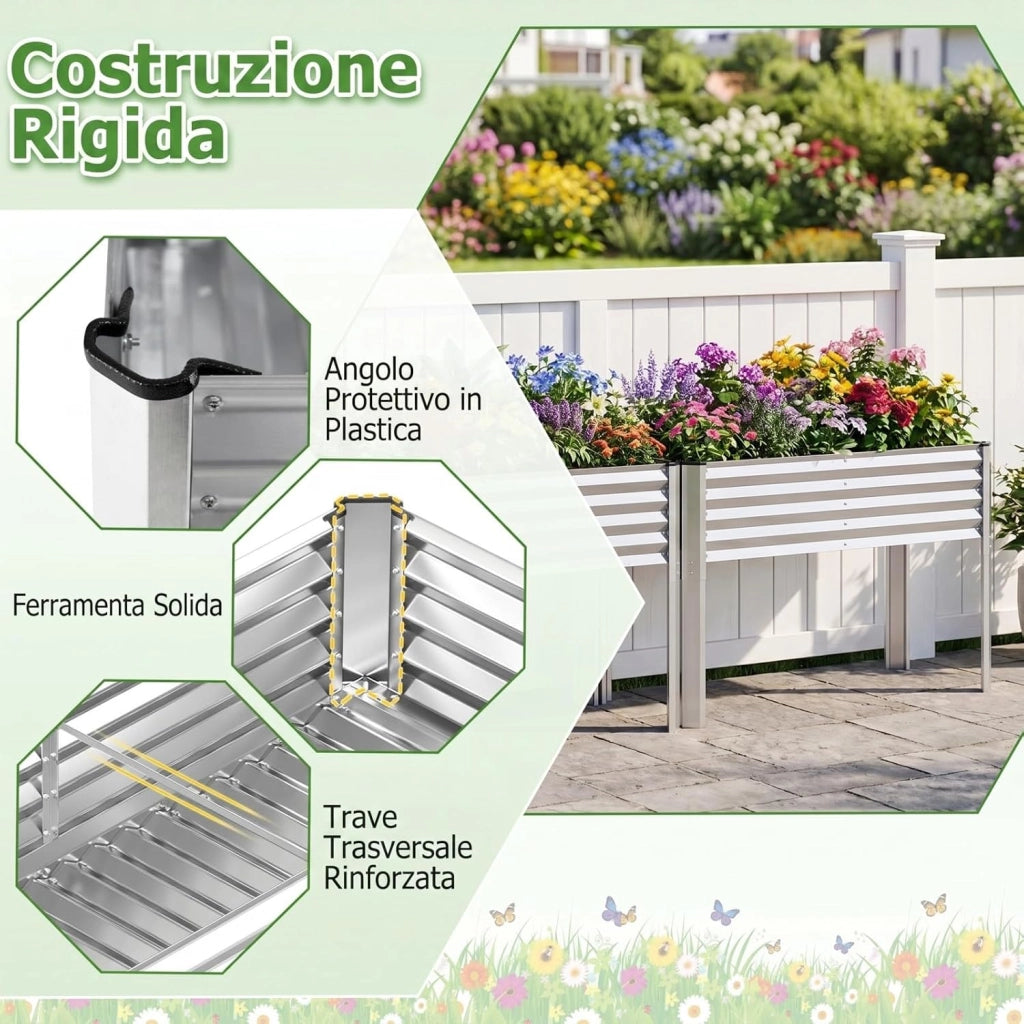 Fioriera Rialzata da Esterno, Orto Rialzato da Giardino in Metallo con Fori di Drenaggio, Altezza Ergonomica e Guanti, Letto Elevato da Giardino Rettangolare per Piante e Fiori, (Argento)