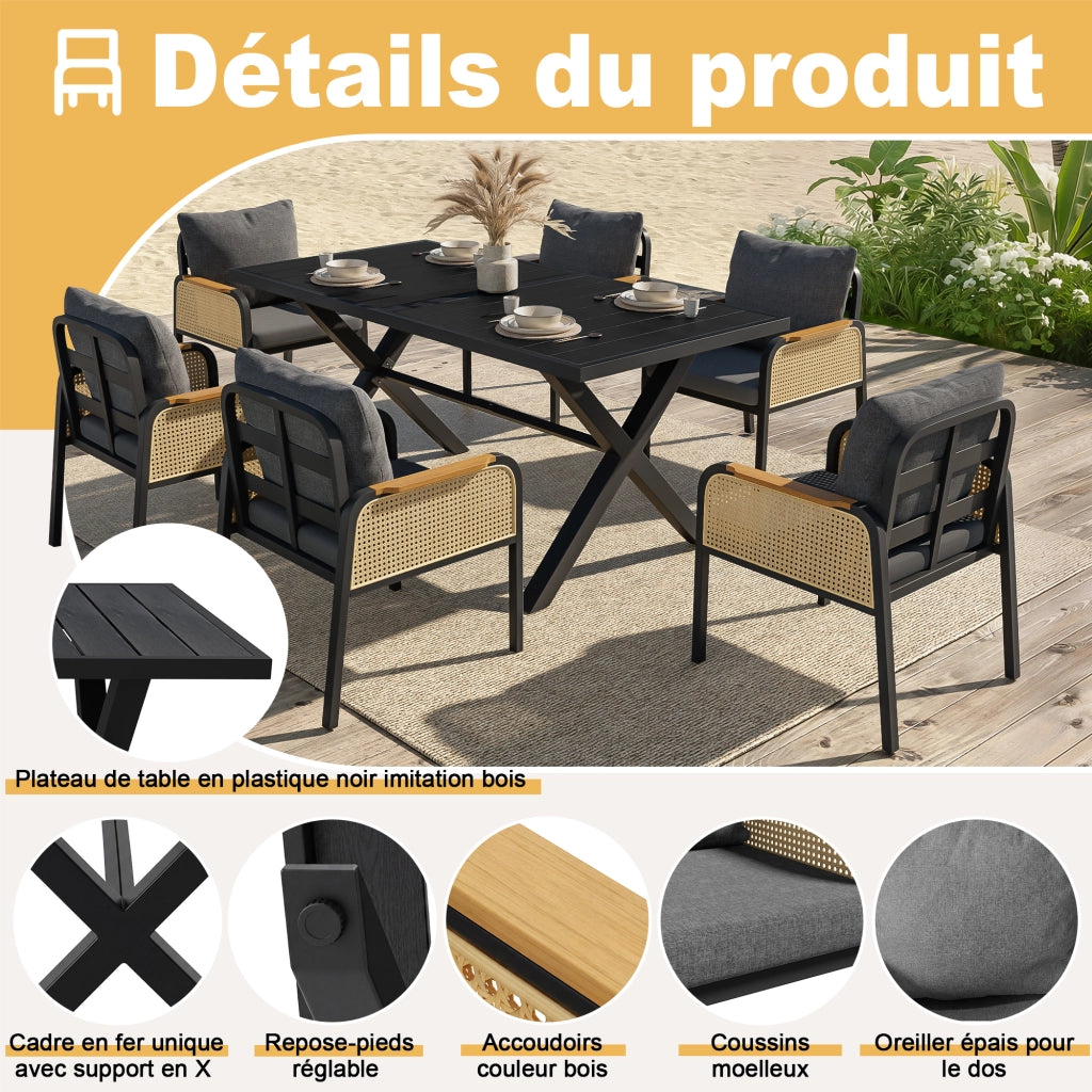 Tavolo e 6 Sedie da Giardino con Cuscini e Braccioli in Rattan; per 6 Persone e Terrazza; Ferro e Poliestere; Nero e Naturale