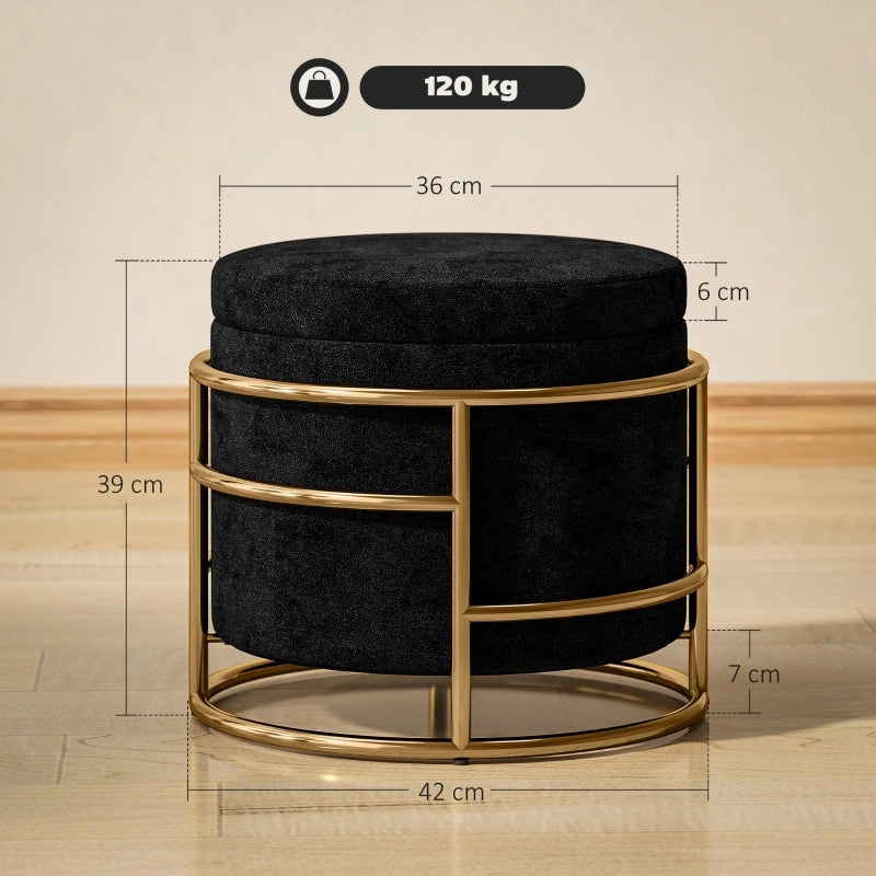 Pouf contenitore in velluto nero con struttura in acciaio, seduta imbottita, Ø42 x 39 cm