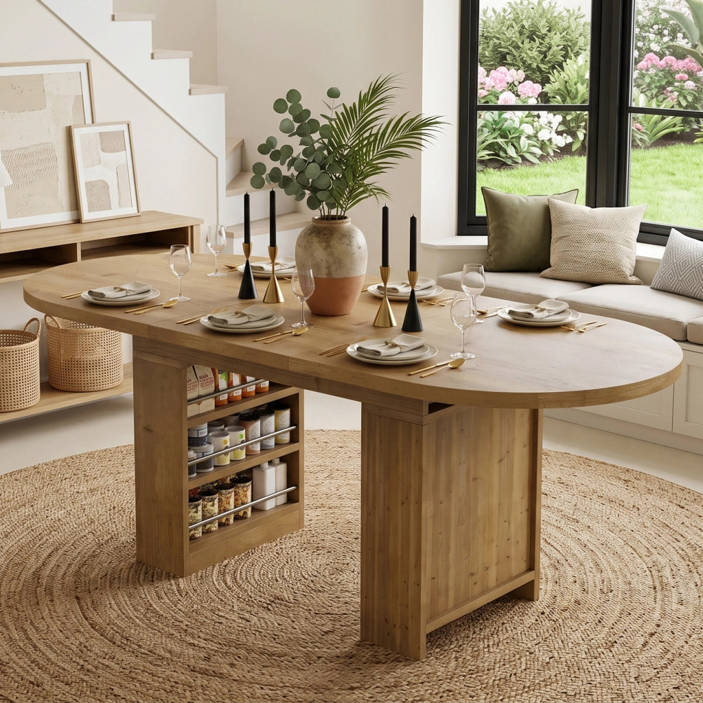 Tavolo allungabile per 6-8 persone con 2 vani aperti e piano spesso, struttura robusta, per sala da pranzo, in MDF, rovere