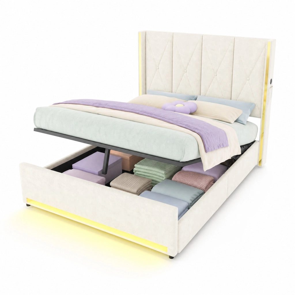 Letto matrimoniale imbottito 160x200 cm in velluto beige; con contenitore; LED e USB