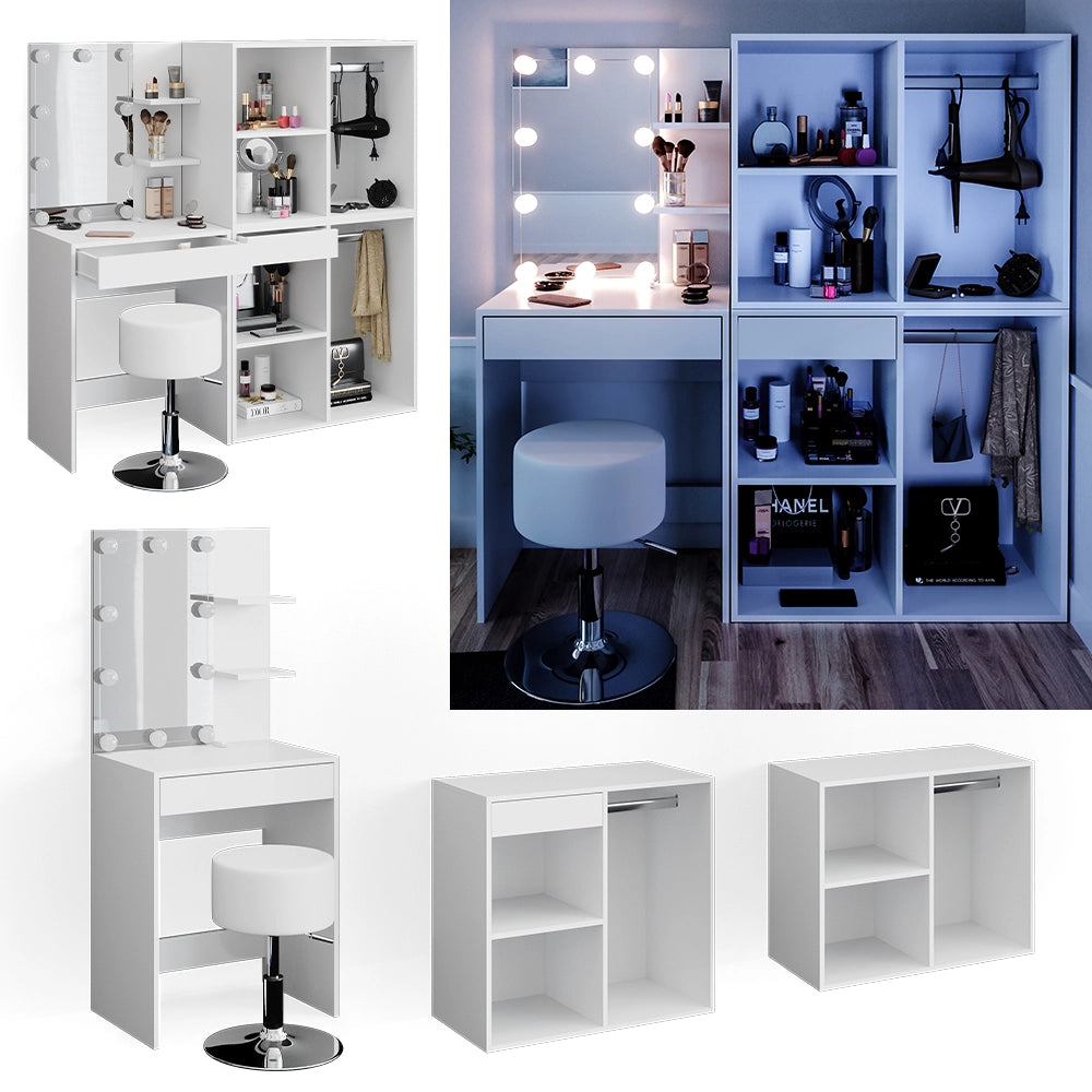 Vicco Tavolo da toeletta Bianco 140 cm con LED, sgabello e armadio