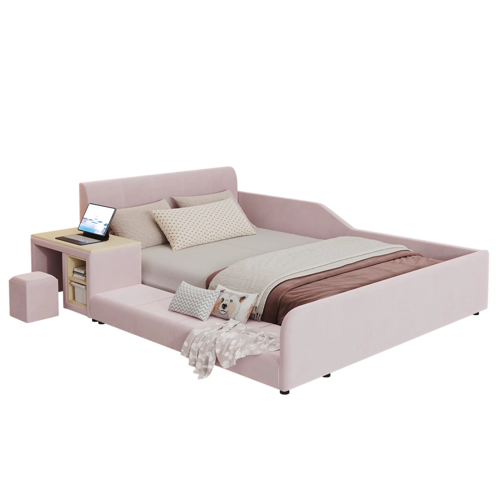 Letto imbottito per bambini con scrivania, sgabello e mensola 140x200 cm rosa
