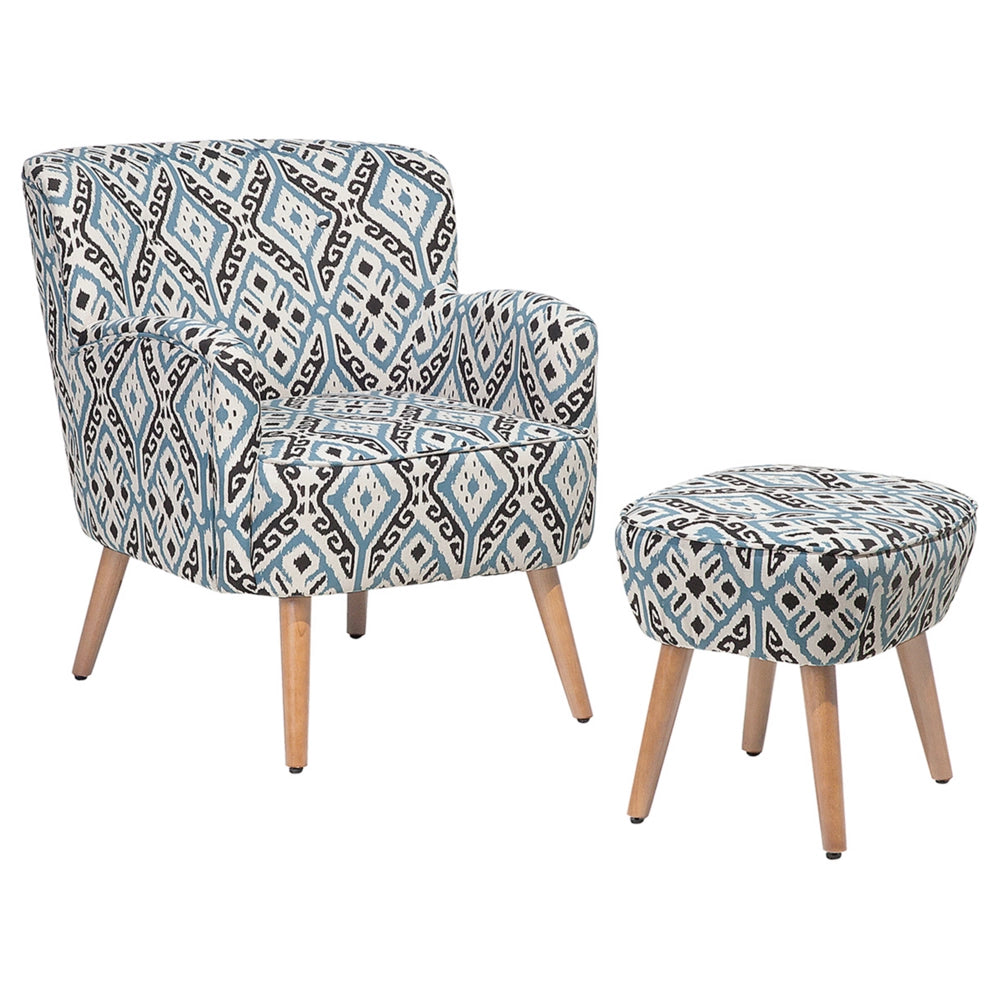 Poltrona Rivestimento in tessuto Multicolore Poggiapiedi Gambe in legno Motivo Retro Boho Soggiorno