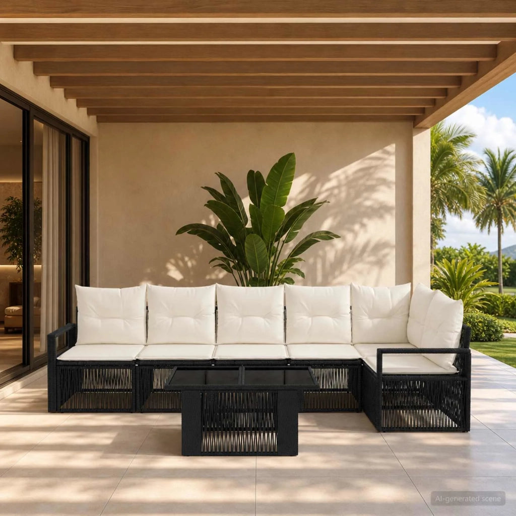 Set Divano da Giardino 7 pz Nero e Bianco Crema polyrattan 3437098