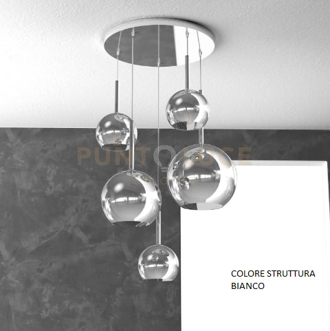 SOSP. BIANCO TONDA 5 LUCI VETRI (1 GRANDE+1 MEDIO+3 PICCOLO) TUTTI CROMO 1155BI-S5 TMIX-CR