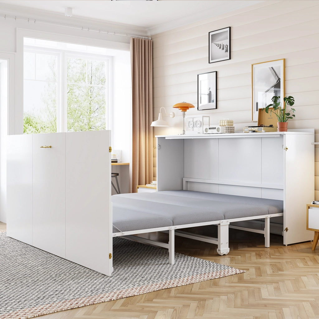 Letto a scomparsa 140 × 200 cm con ruote silenziose, materasso incluso, struttura in legno e metallo, bianco