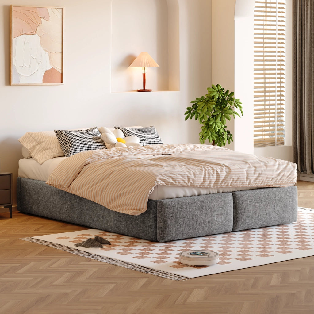 OKWISH Letto contenitore 140×200 cm, Letto Matrimoniale con Sollevamento Idraulico, 2 Cassetti, senza Materasso, Tessuto in Lino, Grigio