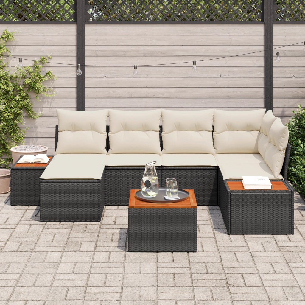 Set di divani da giardino a 7 pezzi con cuscini neri in polirattan e acacia