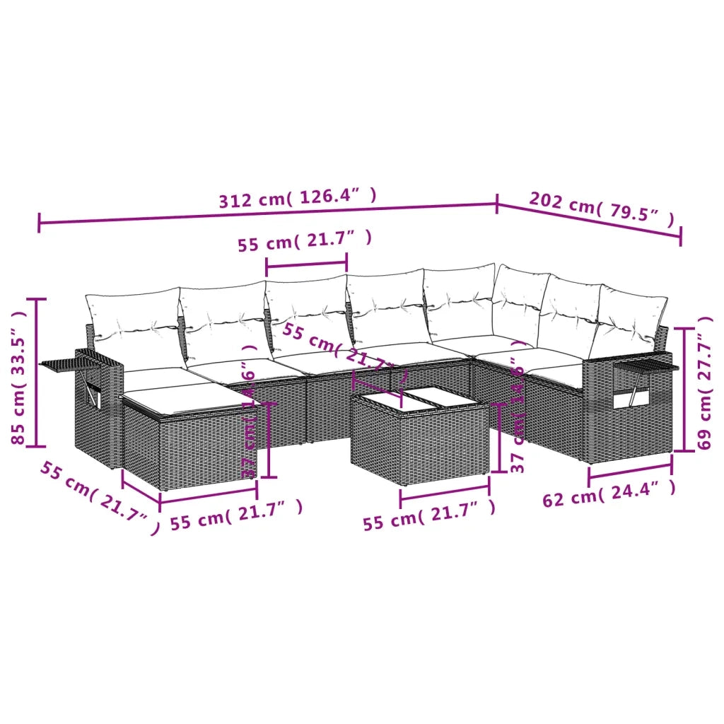 Set Divani da Giardino 9 pz con Cuscini Nero in Polyrattan