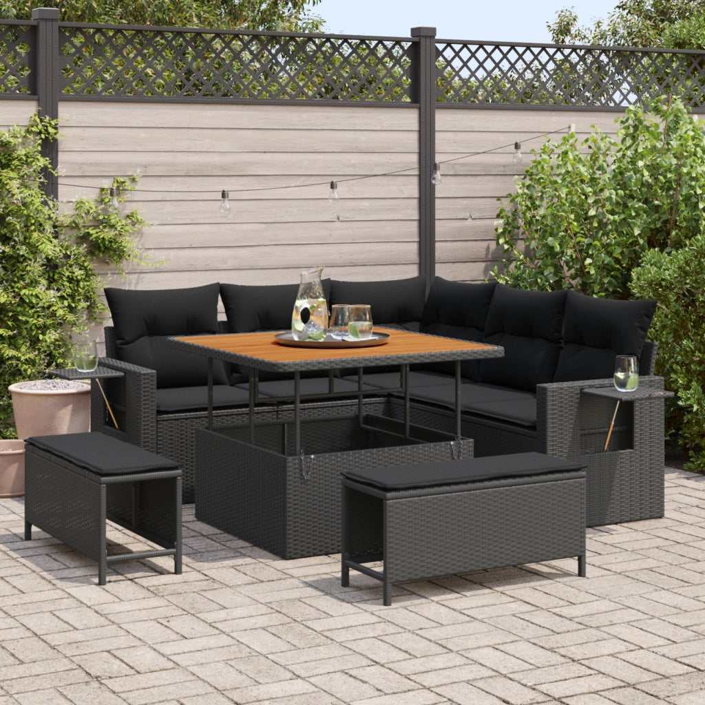 Set di Divani da Giardino a 8 Pezzi con Cuscini Nero Polyrattan Acacia