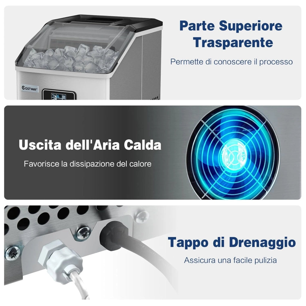 Macchina del Ghiaccio in Acciaio Inox, Macchina del Ghiaccio Elettrica con Paletta e Castello, Produzione 18kg/24H, Ideale per Casa e Ufficio
