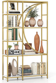 Libreria a Mezza Luna a 6 Livelli, 100 x 30 x 177 cm, con Struttura in Metallo e Ripiani Aperti, per Soggiorno e Ufficio