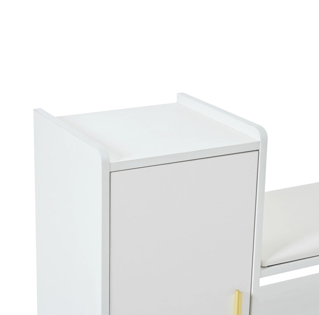 Scarpiera 128x30x68 cm con 2 cassetti; 1 anta e seduta imbottita in truciolato bianco