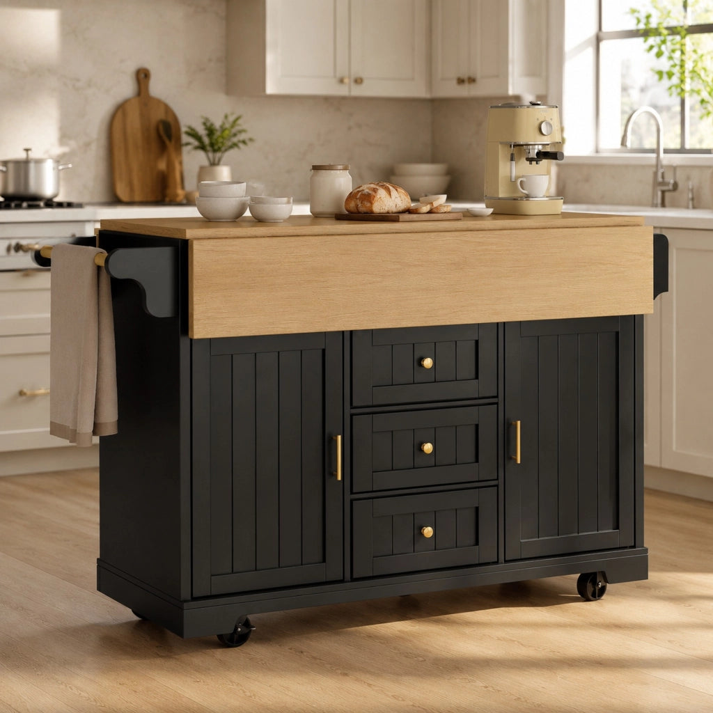 Carrello da cucina pieghevole con 3 cassetti, 2 ante, ruote e piano apribile in MDF e metallo nero