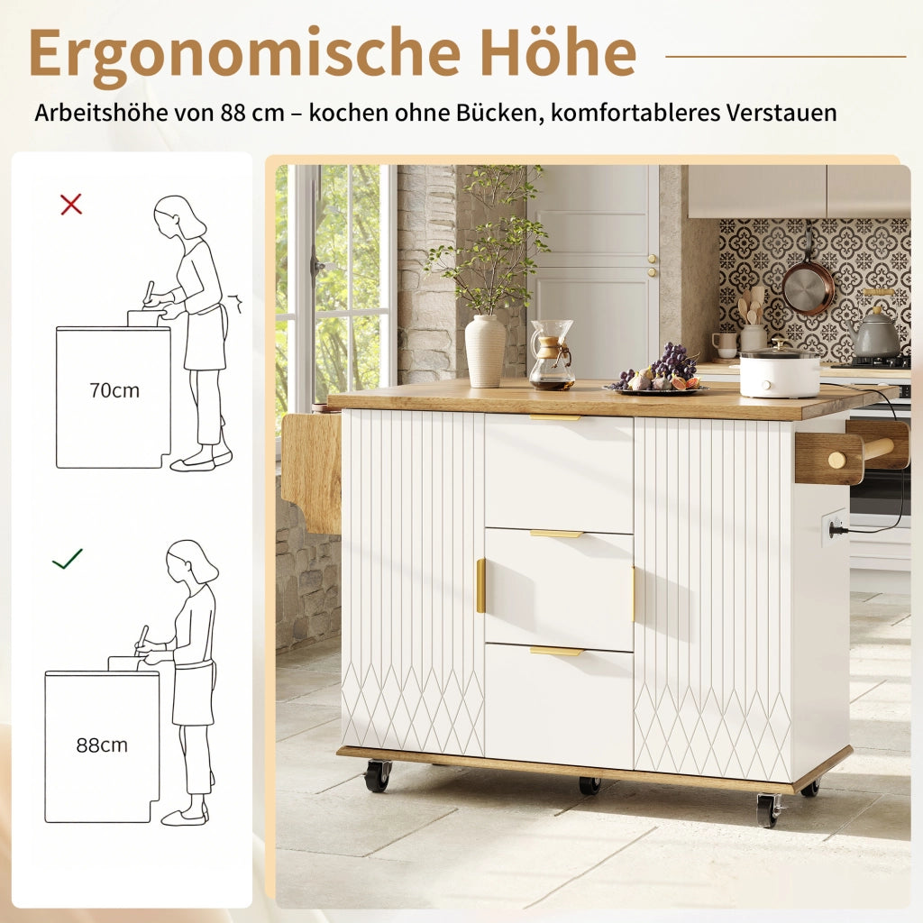 CARRELLO DA CUCINA 134x46/74x88 cm Bianco MDF/Metallo con prese USB