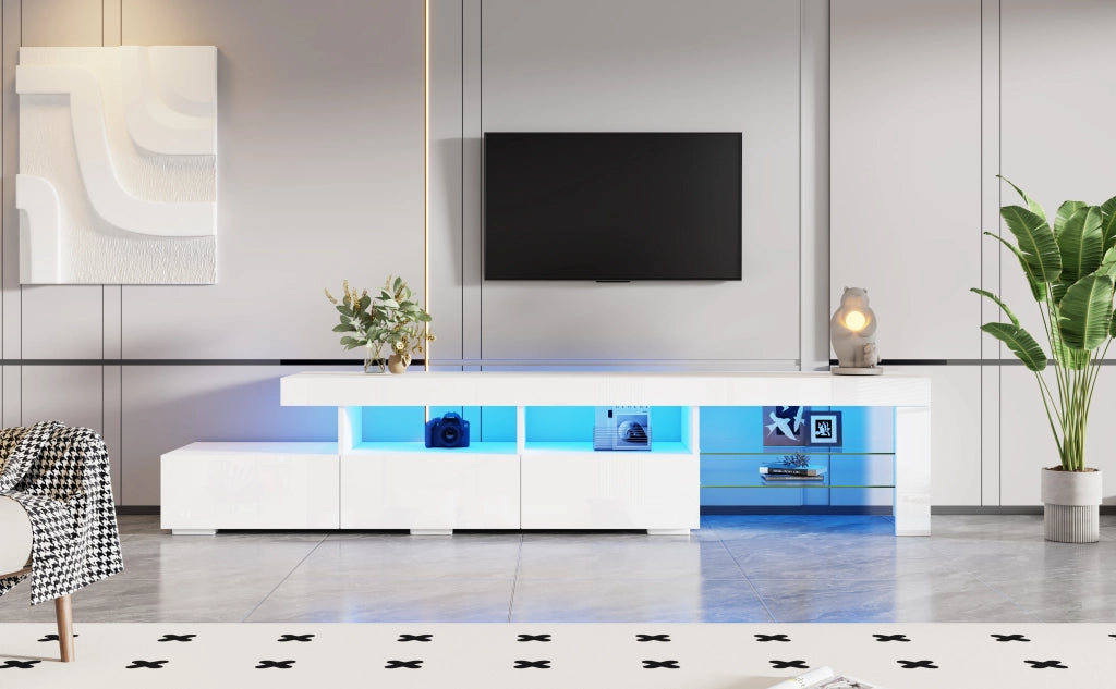 Mobile porta TV con LED, 3 cassetti e 7 vani contenitore, per soggiorno, bianco, 180 × 35 × 45 cm