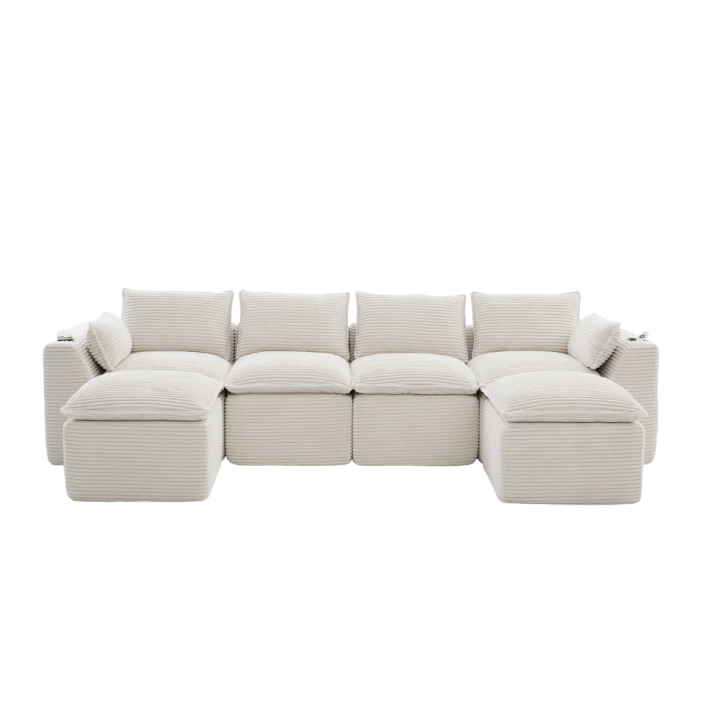Divano modulare a 4 posti in tessuto a coste beige con tasche laterali e cuscini 75 × 322 × 161 cm