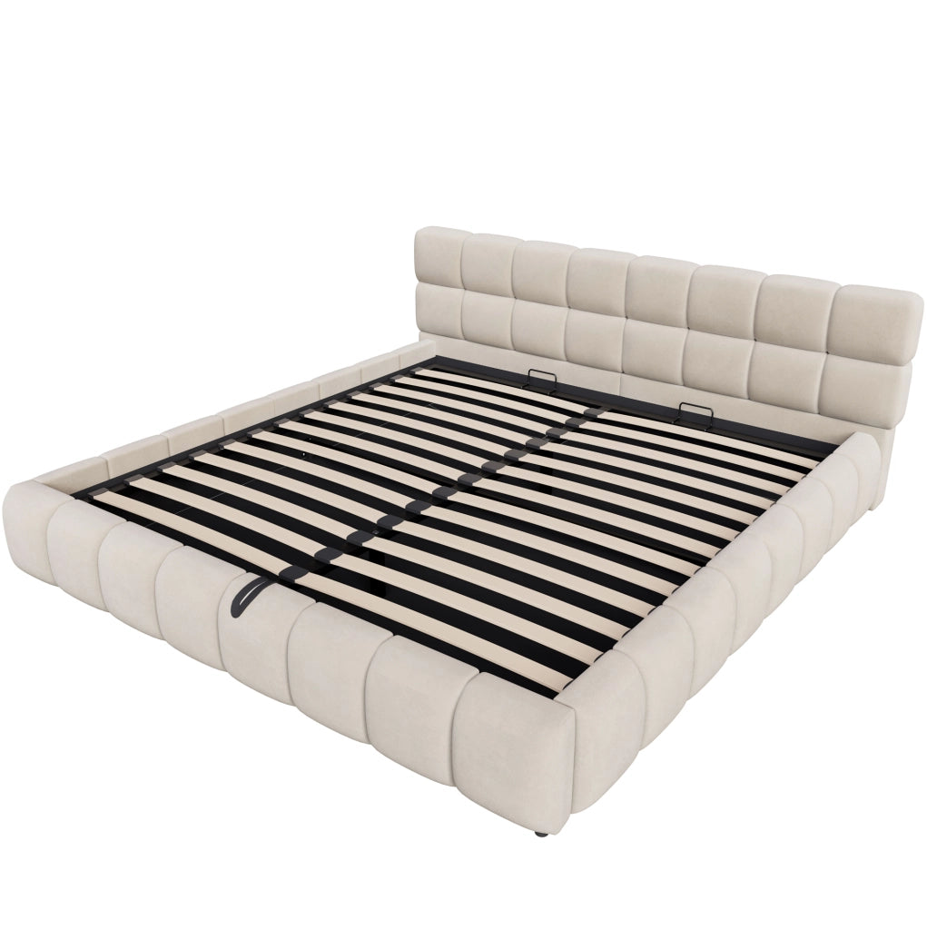 Letto imbottito 180x200 cm con contenitore idraulico e LED in velluto beige